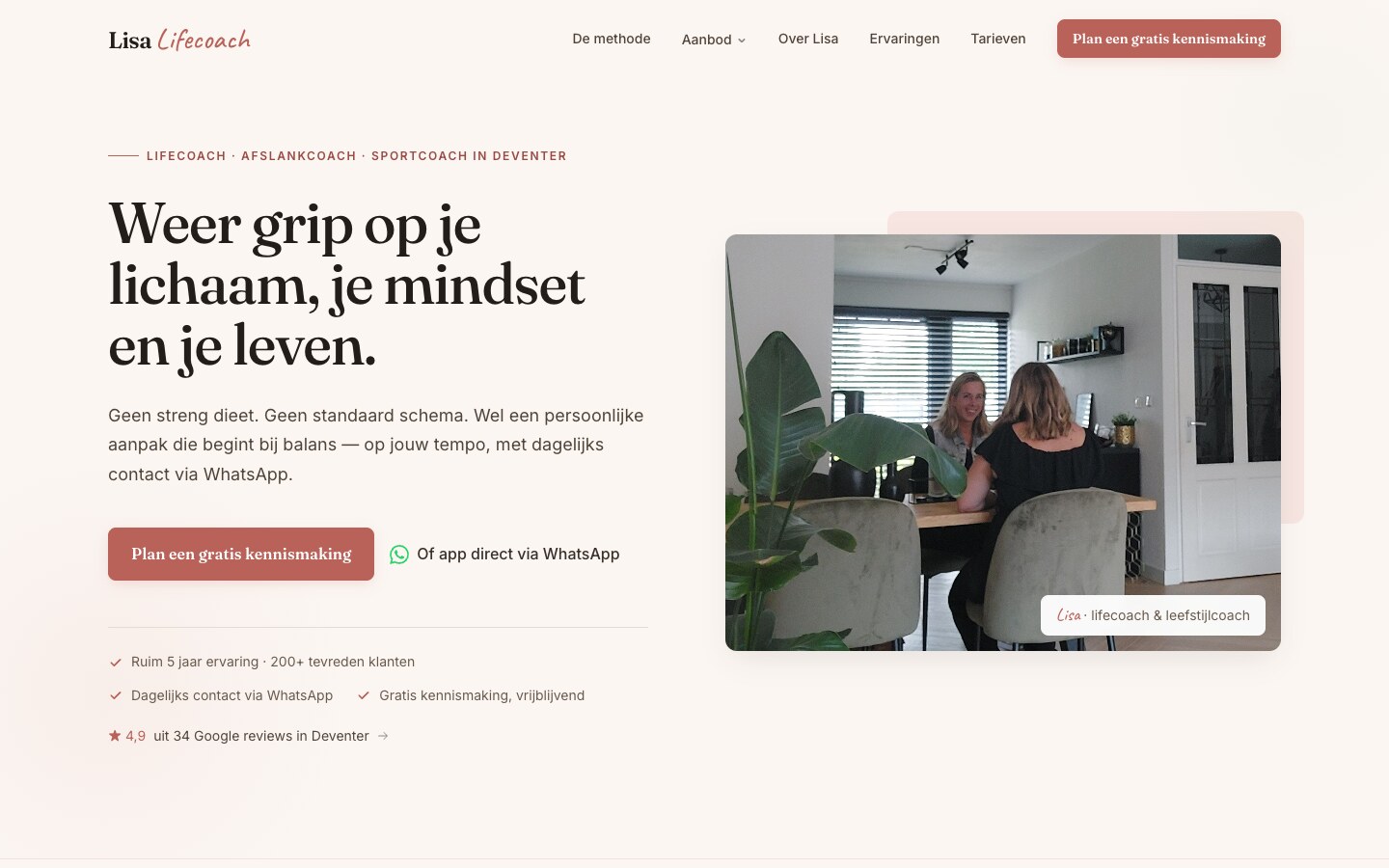 Screenshot van de homepage van Lisa Lifecoach Deventer